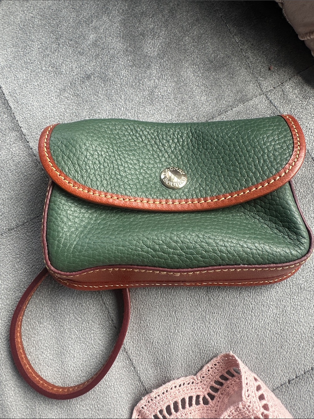 Green Pebbled Leather Wristlet Clutch with Brown Trim